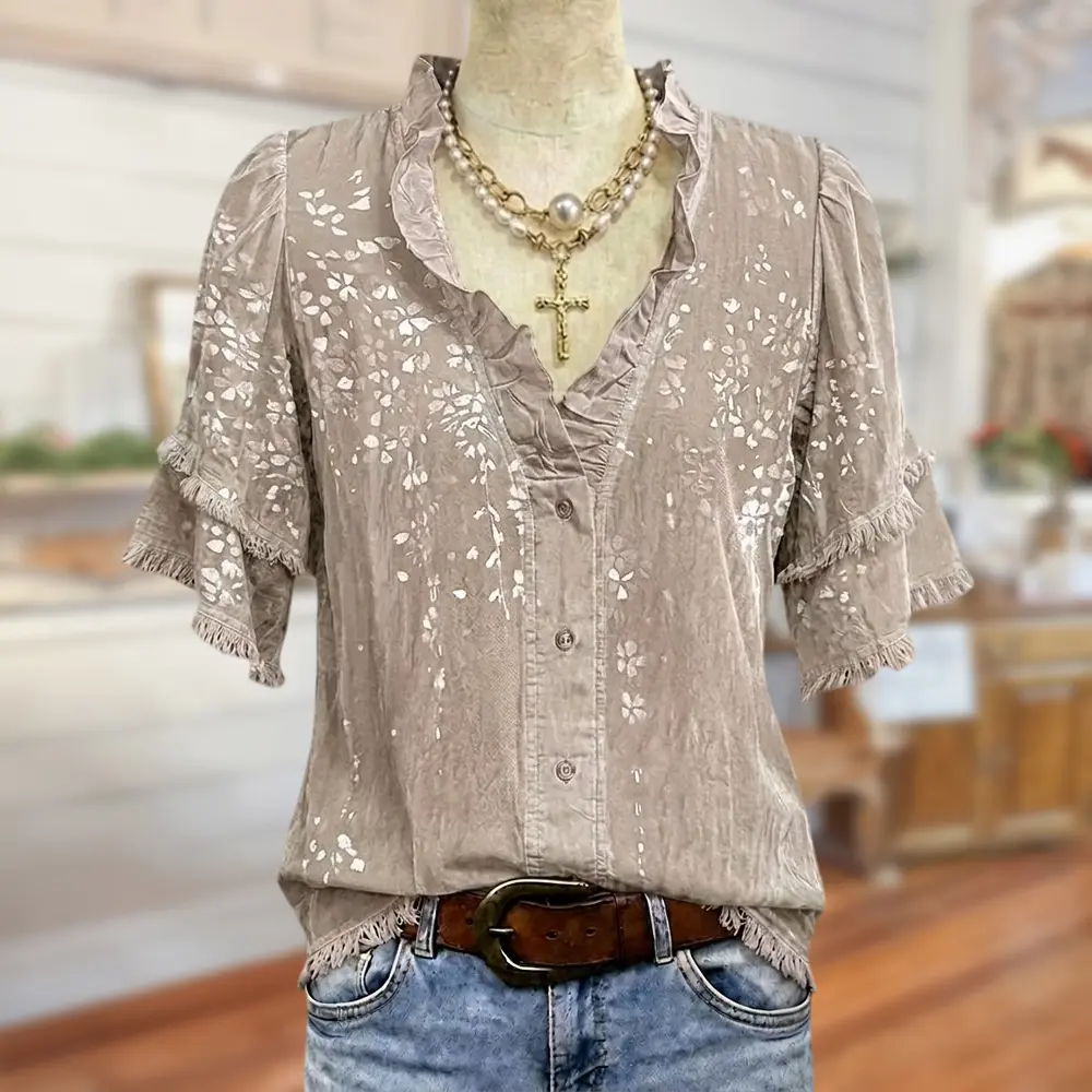 Sage Vell 100% Cotton Taupe Floral Print Blouse Ruffle V Neck Button Front Fringe Layered Short Sleeve Loose Fit Casual Top For Daily Vacation Beach Office Wear