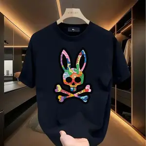 Unisex Short-Sleeve Crew Neck T-Shirt - Bone Graphic, Rabbit Design, Hip Hop Street Style, Loose Fit, Cotton-Polyester Fabric, Casual Spring-Summer Menswear Streetwear Top