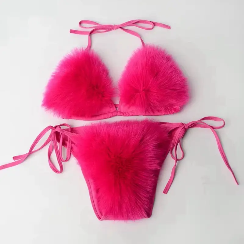 Fur 2 Piece Lingerie Set - One Size Fits All - Fluffy Bra & Garter Set for Women