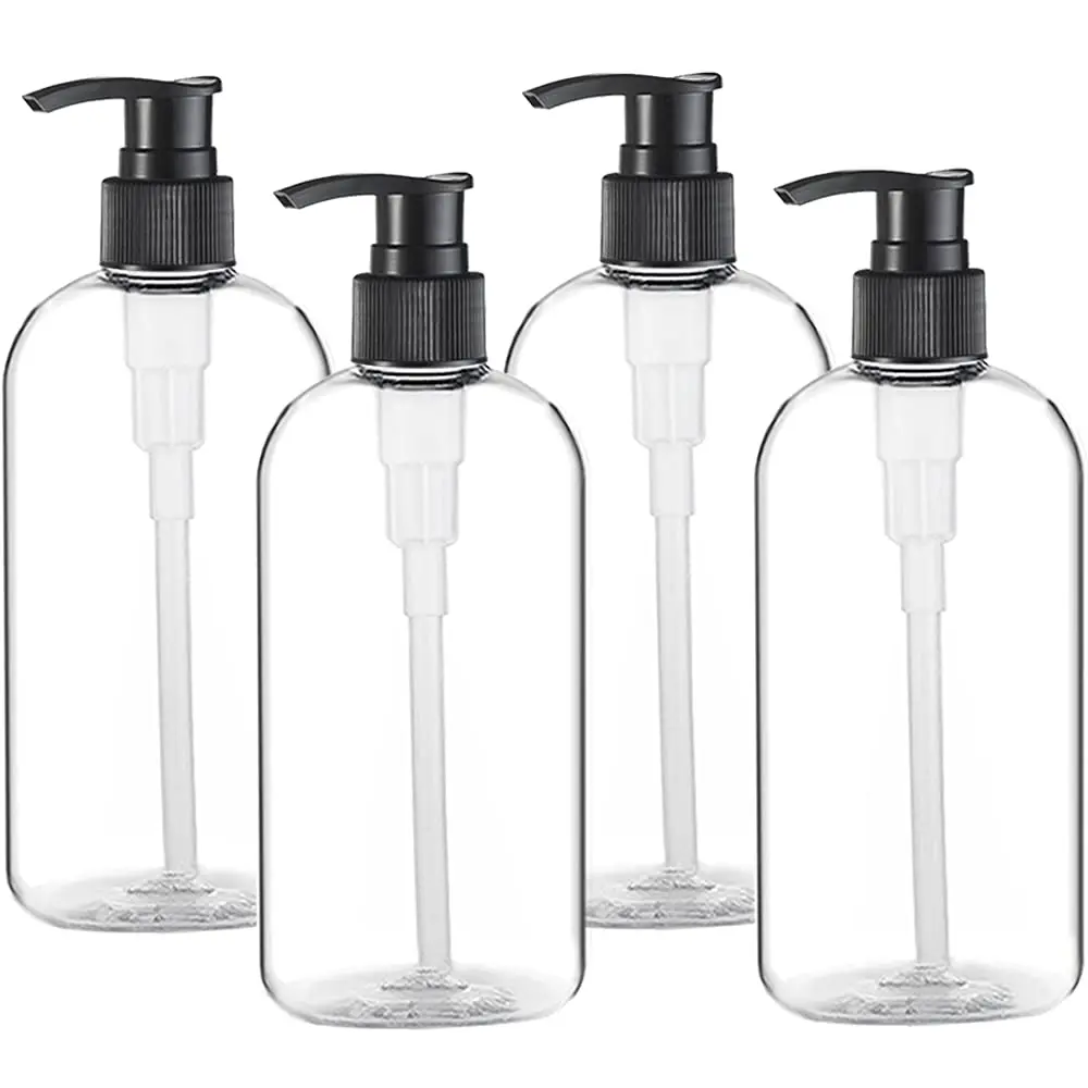 Empty Plastic Pump Bottles Dispenser 4 Pack 16oz/500ml Portable Clear BPA-Free Cylinder Shampoo Lotion Hand Pump Bottle Durable Refillable Containers