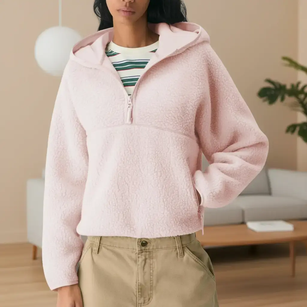 Women's Hoodie Half Zip Sherpa Fleece Pullover Lightweight Cropped Jacket with Zipper Pockets for Sports Hiking Biking Spring Fall Winter