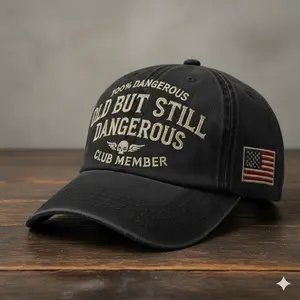 100% Old But Still Dangerous Club Member Vintage Wash Dad Hat, Bold Funny Embroidered Low Profile Baseball Cap, Adjustable Cotton Hat for Casual Daily Wear, Classic Humor Style, Great Birthday Retirement Gift for Dad Grandpa Men