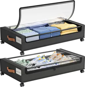 2 Pack Under Bed Storage with Wheels, 50L Large Lapacity UnderBed Storage Containers with Clear Lid and Handles, Under the Bed Storage Bins Drawers for Clothes, Blankets, Shoes, Books, Black