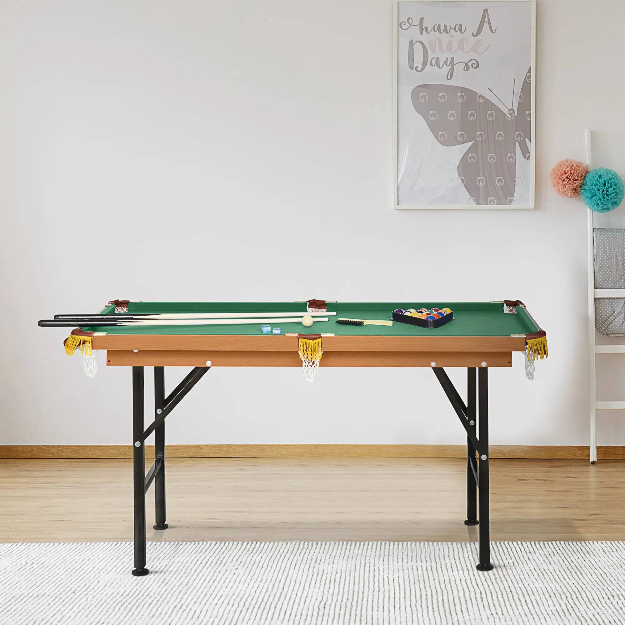 Soozier 55-Inch Portable Folding Billiards Game Table, MDF Board & Pine Frame with Polyester Fleece Top, ABS & Plastic Accessories Included, for Kids & Adults, Compact, Includes Cue Sticks And Accessories, Adjustable Feet