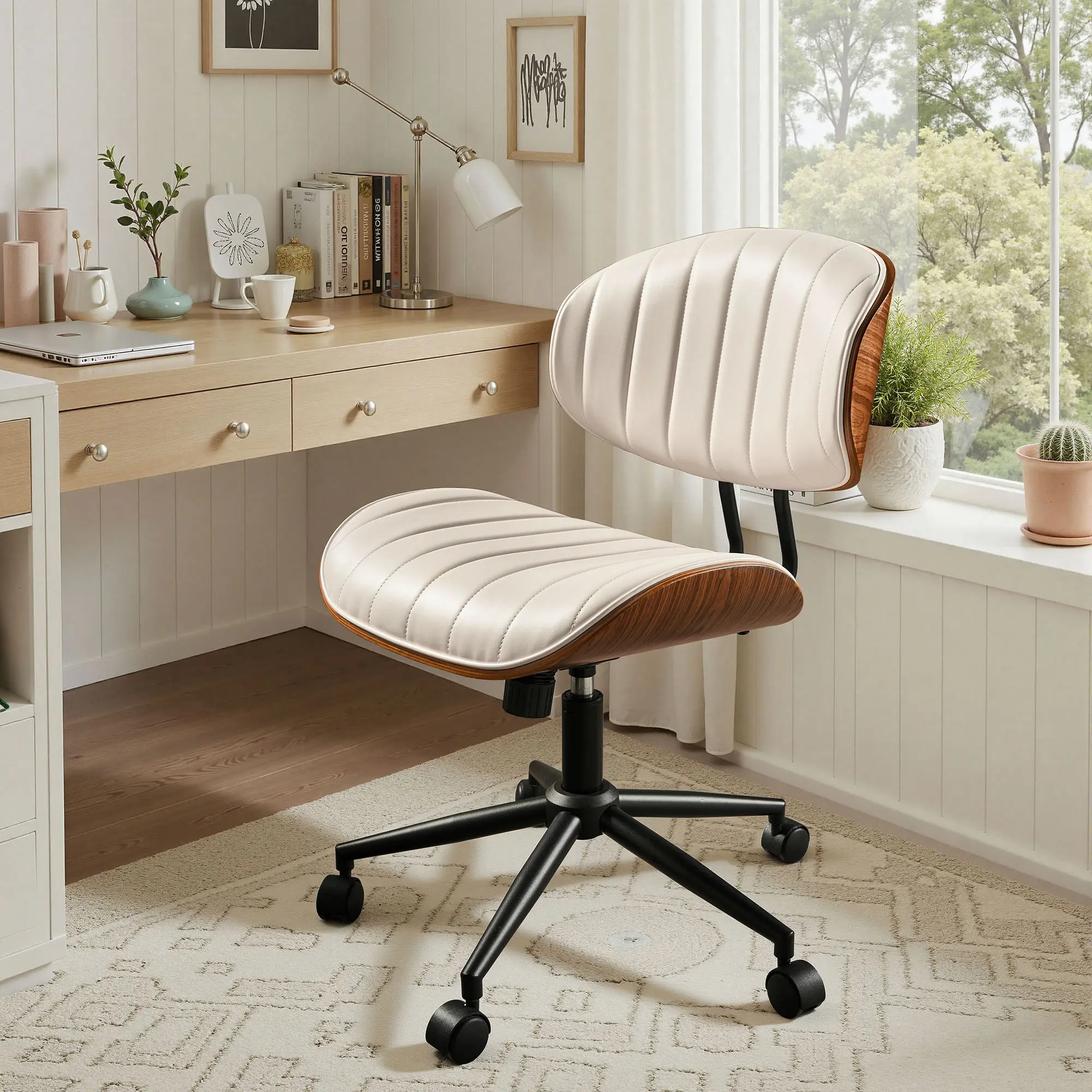 【Summerfinds】Ovios Home Office Chair No Arms with Wheels, Adjustable Height Make Up Desk Chair, PU Leather Mid Back 360° Swivel Computer Chair, Armless Modern Walnut Chair for Office, Reading Meeting Room