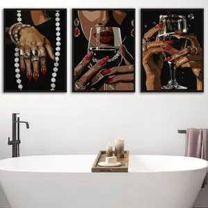 3pcs/set Frameless Trendy Black Fashion Cocktail Elegant African Girl with Wine Glass Martini Poster Canvas Painting Wall Pictures Home Bar Decor Modern Home Decor