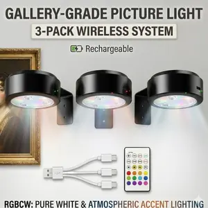 3-Pack Magnetic Wireless Picture Light, Rechargeable Battery Powered Art Light with Remote - RGB & Dimmable Warm White Sconces - Tool-Free Installation for Wall Decor, Photos & Renter Friendly lamp