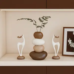 3-piece resin stone vase decoration set, The vase cannot store water and can only be decorated with artificial flowers, lucky deer, Christmas reindeer set, table decoration, living room, dining room, TV cabinet, new home gift, Home decorative vase