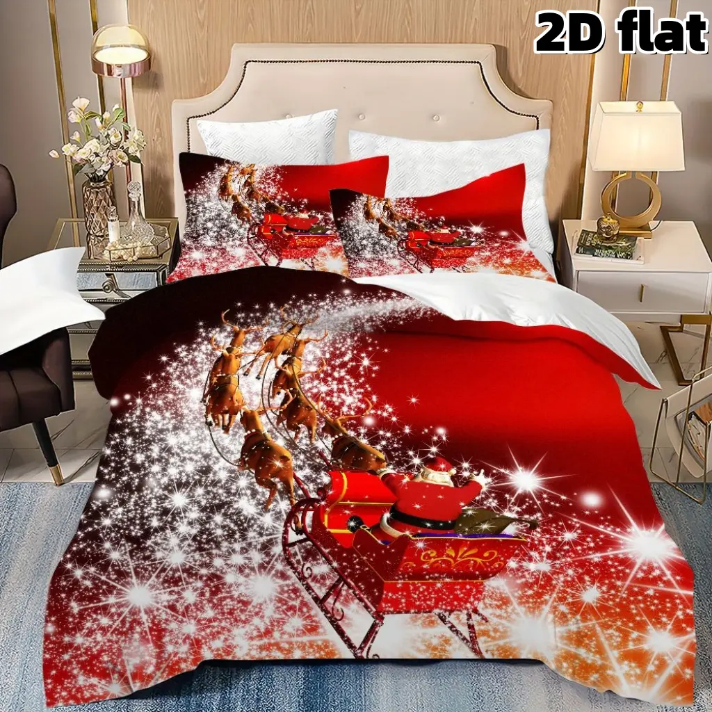2D Flat 3Pcs Decorative Bedding Set Christmas Bedding Santa Sleigh Reindeer Print Duvet Cover with Pillowcases Xmas Holiday Themed Microfiber Bedding Festive Winter Home Decor Gift for Bedroom Guest Room Christmas Decoration
