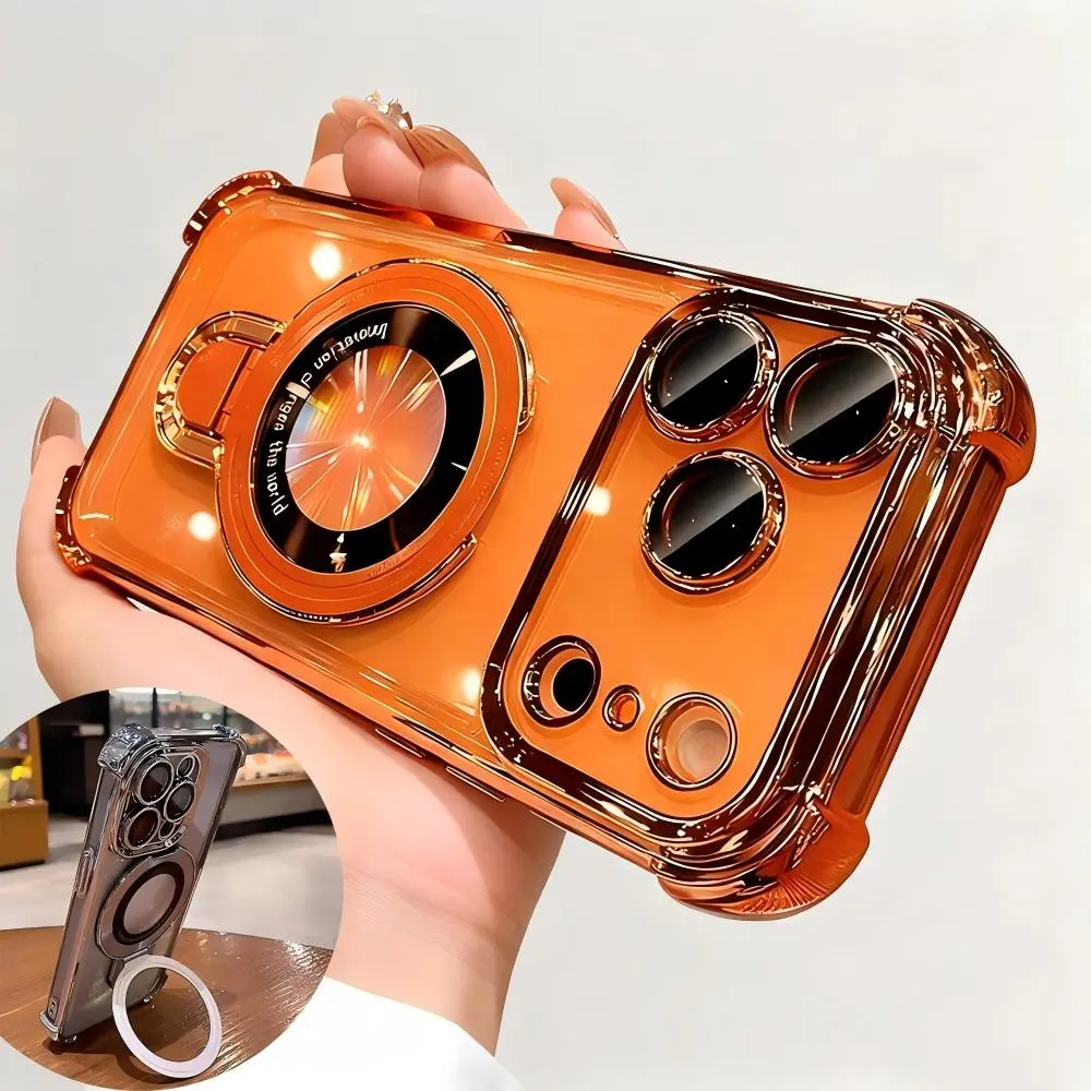New Fashion DIY Magnetic Bracket Phone Case with Four Airbag Corners Shockproof Electroplated Clear Hard Acrylic for iPhone 17 Pro Max Air 11-16 Plus with Camera Lens Protector Magsafe Kickstand Holder Protection Transparent Durable Protective Casing