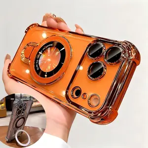 New Fashion DIY Magnetic Bracket Phone Case with Four Airbag Corners Shockproof Electroplated Clear Hard Acrylic for iPhone 17 Pro Max Plus Air/16/15/14/13/12/11Samsung Ga with Camera Lens Protector Magsafe Kickstand Holder Protection Transparent Durable