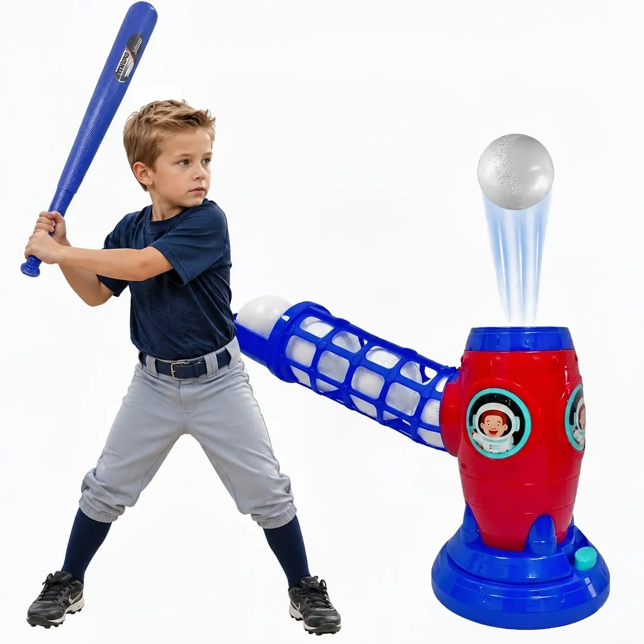 Kids Baseball Pitching Machine Set - Automatic Pitching Launcher with Bat, 10 Lightweight Plastic Baseballs, Safe Outdoor Toy for 3-4 Years+, Boosts Hand-Eye Coordination, Active Learning, Batting Skills