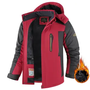 Men's Fleece-Lined Thick Warm Color-Blocking Casual Athletic Coats, Waterproof Windproof Hooded Outdoor Outerwear with Pockets for Mountaineering, Skiing