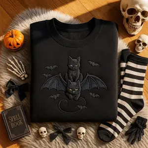 Embroidered Halloween Black Cat Sweatshirt, Halloween Tee,Bats Shirt Dark Humor Gothic Style Bat Tee, Top Cat Lover Gift, Trendy Spooky Season