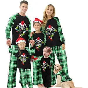 FOCUSNORM Christmas Crew Family Matching Christmas Pajamas 2Piece Set For Couples Baby Kid Christmas Pjs Sleepwear Letter Elf Green Monster Print Long Sleeve Tops And Plaid Pants Sleepwear