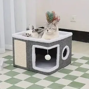 ECMIKK- Comfortable Cat house,Cat Condo Cozy Plush House with Hang Ball,  Pet Furniture with Scratching Posts cat Dog house Bed