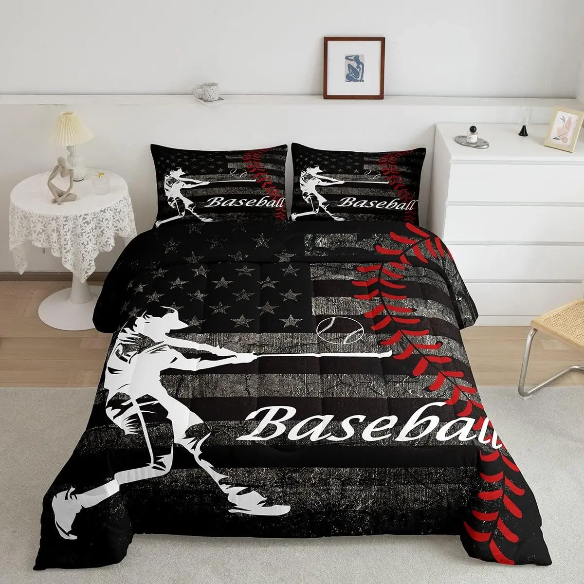 Feelyou Boys' Quilted Duvet Set - Queen Size (Multi-Size Options), Vintage American Flag Print, Grunge Stripes Star Decor, Breathable Fabric, Ball Games Theme, RV & Travel-Friendly, All Ages, Low Roll Over and Dry (Quilt Cover Included), Baseball