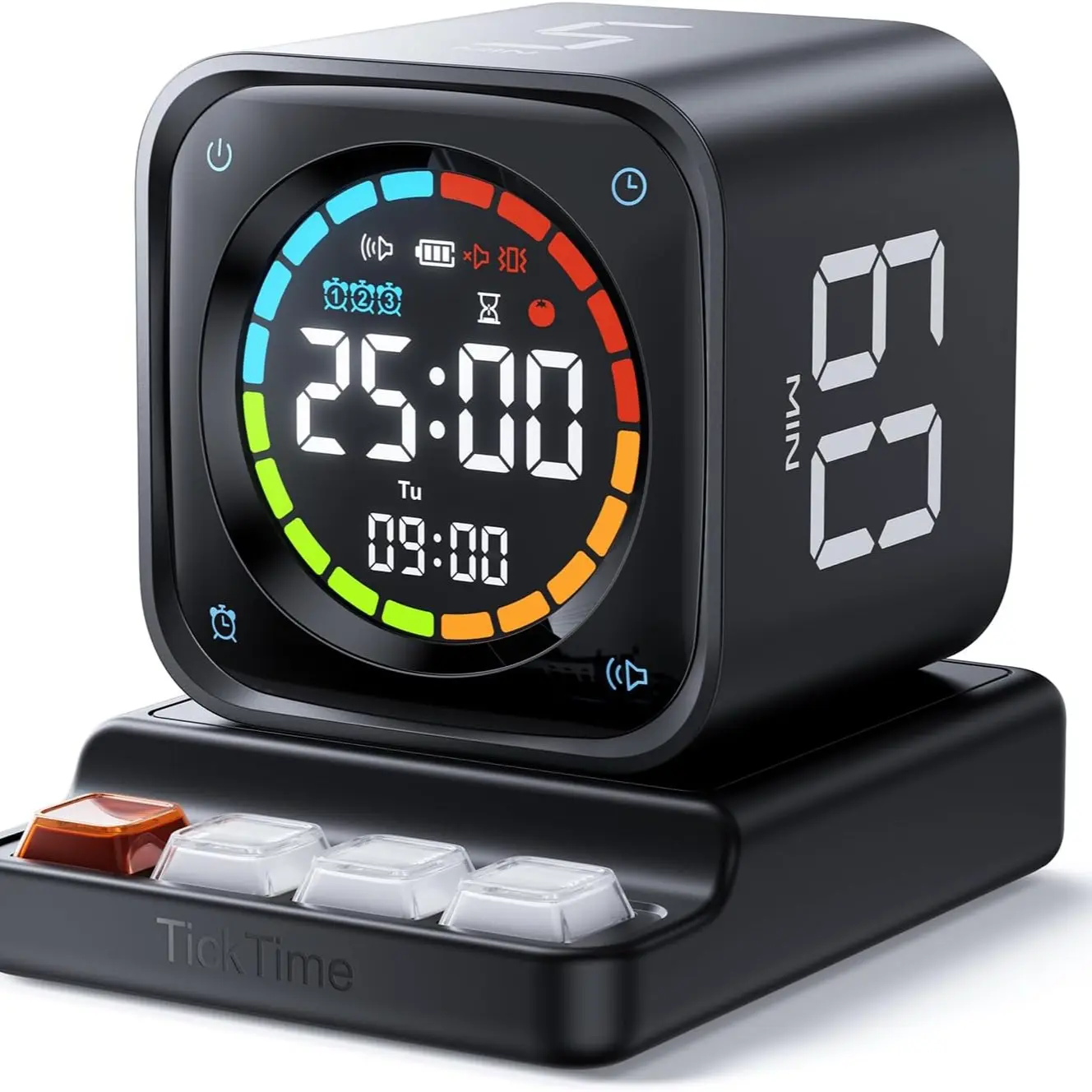 Black Compact Digital Desk Timer with Base, LED Display, 5/10/30/60 Min Presets, Custom Countdown, Stopwatch, Clock, 3 Alarms, Silent/Vibration/Sound Alerts for Study, ADHD Task Management