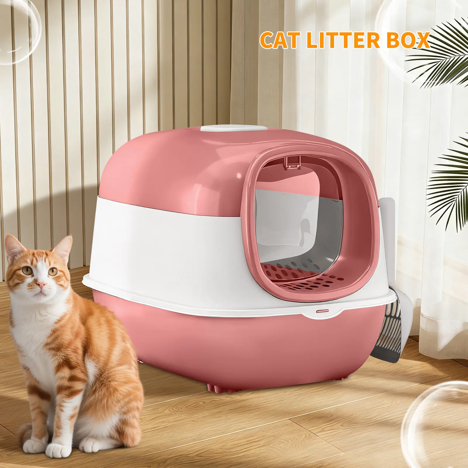 Fully Enclosed Cat Litter Box - 180° Flip Lid, Spill-Proof Straps, Filtering Platform, Activated Carbon Odor Control, Removable Easy-Clean Design, Non-Stick Pull-Out Bottom, Spacious for Chubby Cats, Includes Scoop Tool
