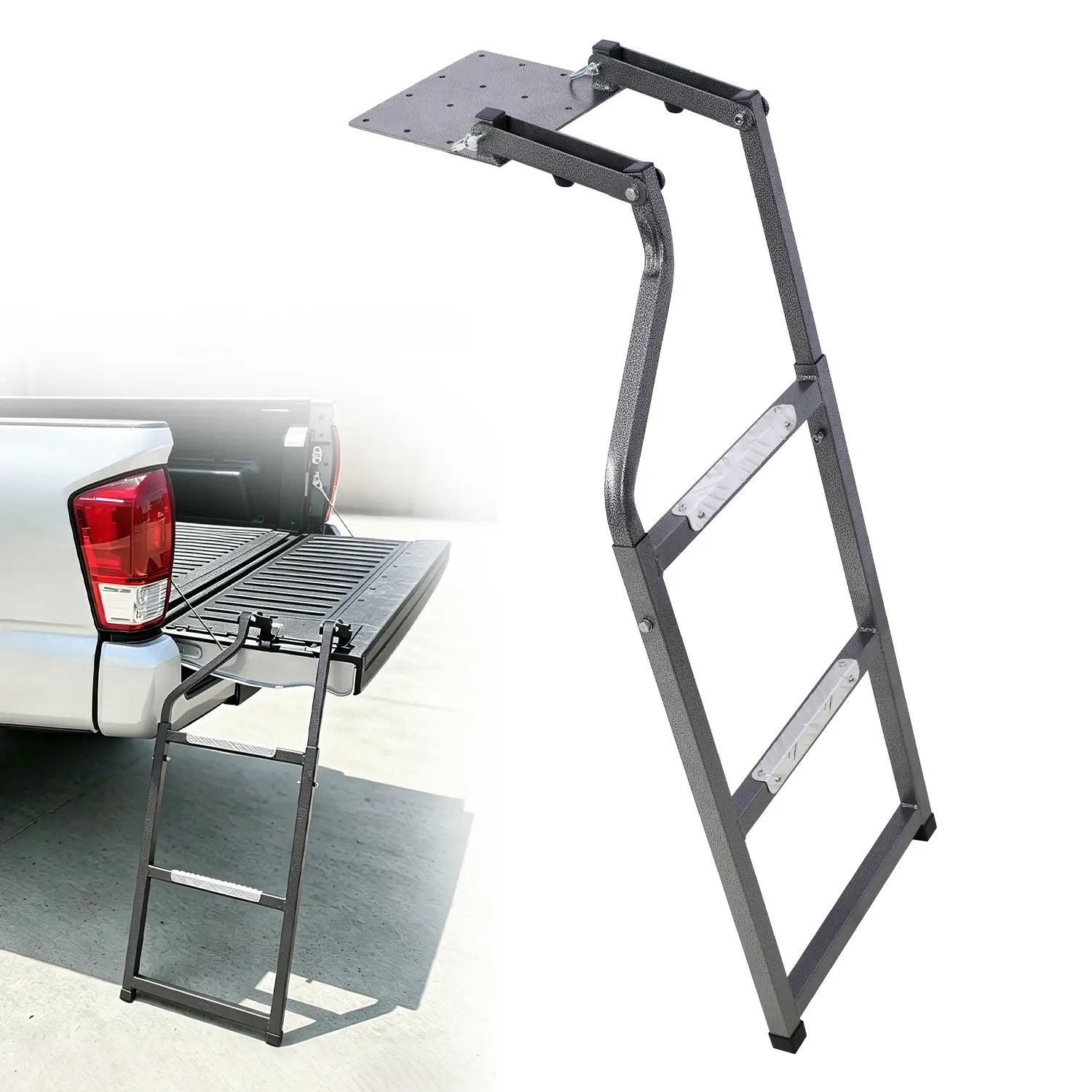 Universal Fit Pickup Truck Tailgate Ladder with Stainless Steel Screws, Aluminum Step Plates, Rubber ft, Grip & Easy Hex Attachment Installation for Most Truck Access Needs, Easy Access, Climbing, Heavy Duty Ladder, Outdoor, Adjustable, Rubber Feet