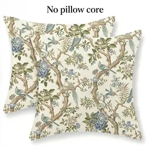2pc 18x18 Inch Chinoiserie Pillow Covers, Blue Bird Floral Throw Pillows, Vintage Blue Flowers Decor, Outdoor Pillowcase, Farmhouse Linen Cushion Case