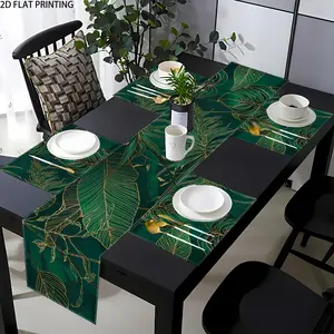 2D flat printing, Aesthetic, 1 piece/2 pieces/4 pieces/6 pieces/8 pieces of palm leaf placemats, Coasters and table flags, geometric pattern gold green line, modern tropical restaurant decoration, suitable for daily holiday gatherings