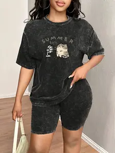 Spring & Summer Plus Size Sports Two-Piece Set with Random Print, Tie-Dye Washed Vintage Short Sleeve T-Shirt and Shorts, Plus Size Women's Jogging Outfit, Athleisure Wear Set
