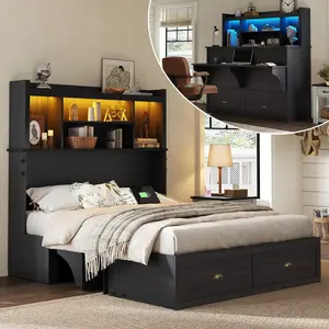 [Mattress NOT Included] [Ship in 2 Boxes] AMERLIFE Murphy Bed with Bookcase Headboard & LED Light, Farmhouse Cabinet Bed with Storage Drawer, Charging Station and Desk for Home Office/Guest Room/Small Spaces