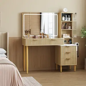 Garvee Makeup Vanity Desk with Lights, Fluted Wooden Dressing Table with 5 Drawers and Adjustable Shelves, Makeup Vanity Table Modern Glass Top with Charging Station for Bedroom (Oak)