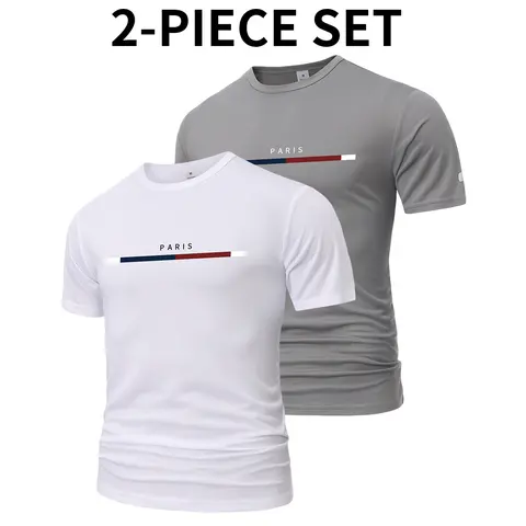 Men’s 2-Pack Slim-Fit Crew Neck Short Sleeve Polyester Plain T-Shirts - Lightweight Sportswear, Athleisure Outfits, Street Style, Casual Teen-Daily Wear, Regular Length Tops for Daily Use
