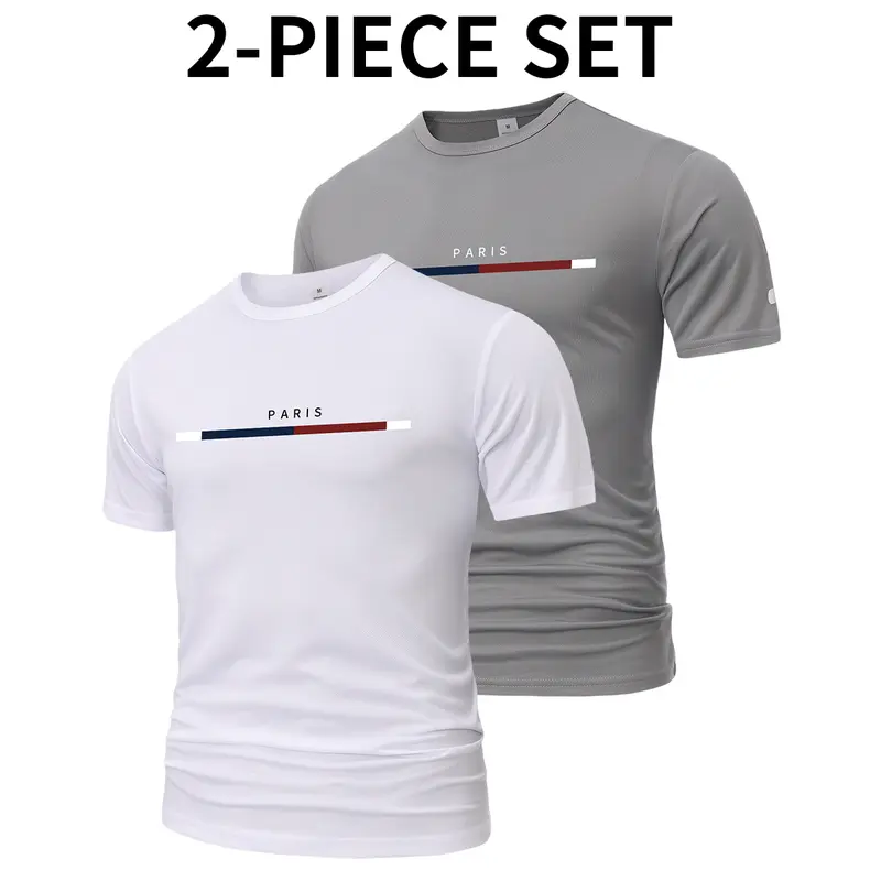 Men’s 2-Pack Slim-Fit Crew Neck Short Sleeve Polyester Plain T-Shirts - Lightweight Sportswear, Athleisure Outfits, Street Style, Casual Teen-Daily Wear, Regular Length Tops for Daily Use