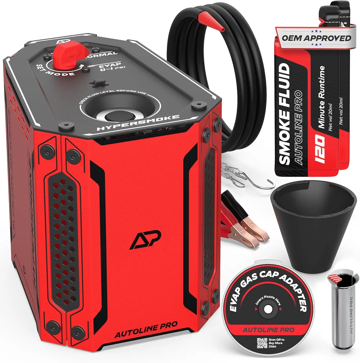 HyperSmoke™ Automotive Smoke Machine EVAP Vacuum Leak Tester – Adjustable Pressure – OEM Apved Smoke Fluid – Built-in Air Compressor Motor – Includes Cone and Gas Cap EVAP Adapter.
