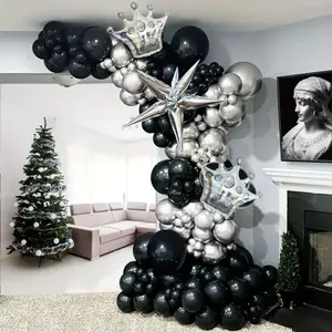 137Pcs Black Silver Balloon Garland Kit with Crown & Explosion Star Foil Balloons, 5/10/12/18 Inch Latex Balloons for Birthday Wedding Party Home Decor