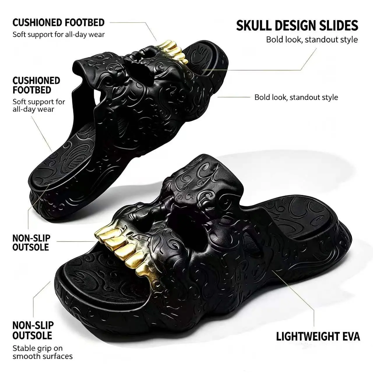 Gothic Skull Slides with 3D Gold Teeth, Unisex EVA Platform Slippers with a Comfortable Thick Non-Slip Sole for Halloween & Beach