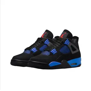 Retro High-Top Basketball Shoes in Black Suede with Royal Blue Mesh and Lace Locks, Grey Plastic Support Panels, and Visible Heel Air Unit