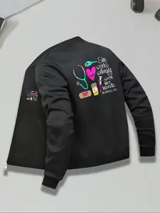 Women's Casual Zipper Jacket Coats, She Works Willingly Print, Fitted Style, All Seasons Wear, Fashionable Ladies Outerwear