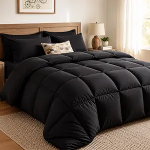 Ultra Soft Black Down Comforter | All-Season Plush & Skin-Friendly Bedding | Box Stitched for Durability dreamy duvet set bed sure blanket egyptian cotton luxury quilted puffed quilt Luxurious Goose Feather Weighted Grey Dark Cozy  comfortable size insert