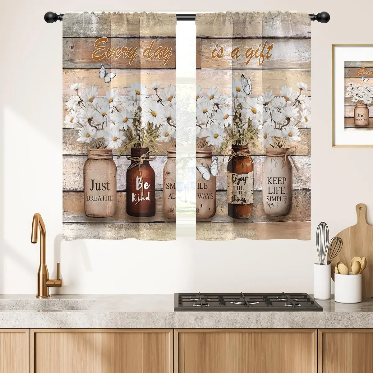 Orange Floral Rod Pocket Cafe Curtains - 2 Panels, 27.5x39 in Small Size, Colorful Rustic Botanical Daisy Drapes, Machine Wash, Sunlight Block, Easy Setup, Kitchen Window Home Decor, Farmhouse Style Home