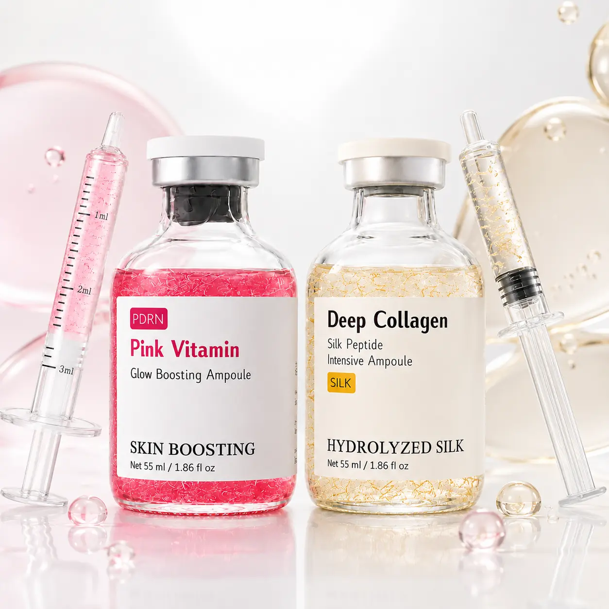 PDRN Pink Vitamin Brightening Ampoule & Deep Collagen Peptide Intensive Ampoule 55 mL | Hydrating facial serum set that enhances skin radiance, improves skin texture and feel, supports elasticity, and creates smooth skin—ideal for everyday skincare.