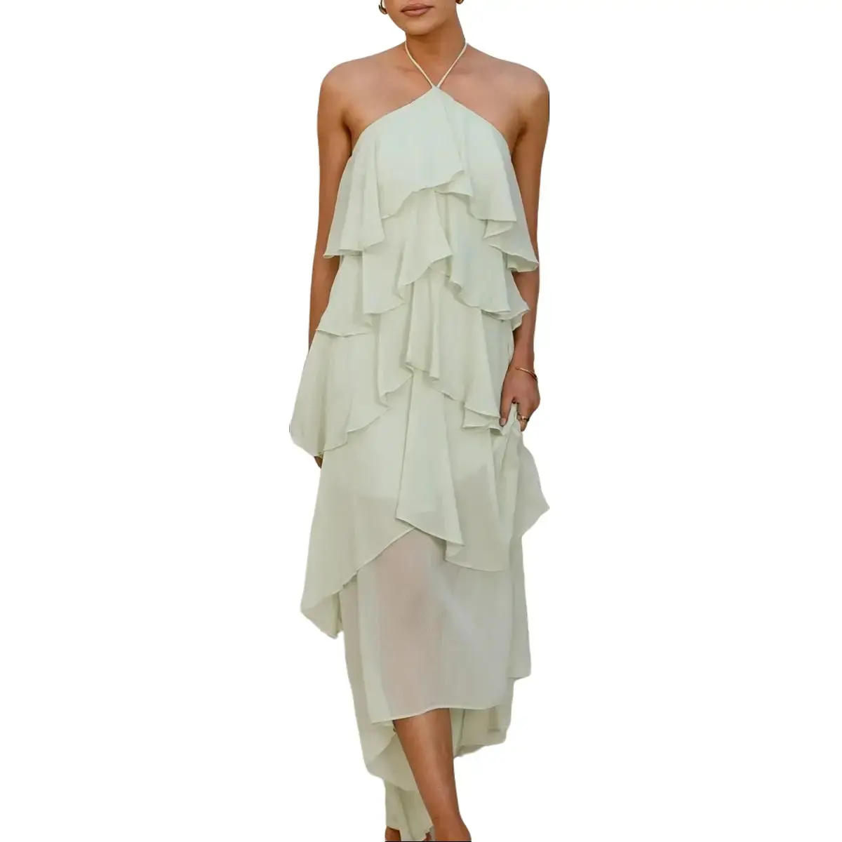 Aprilake Women's Summer Frill Halter Neck Flowy Chiffon Sundress A-Line Tiered Ruffle Long Maxi Formal Wedding Dress