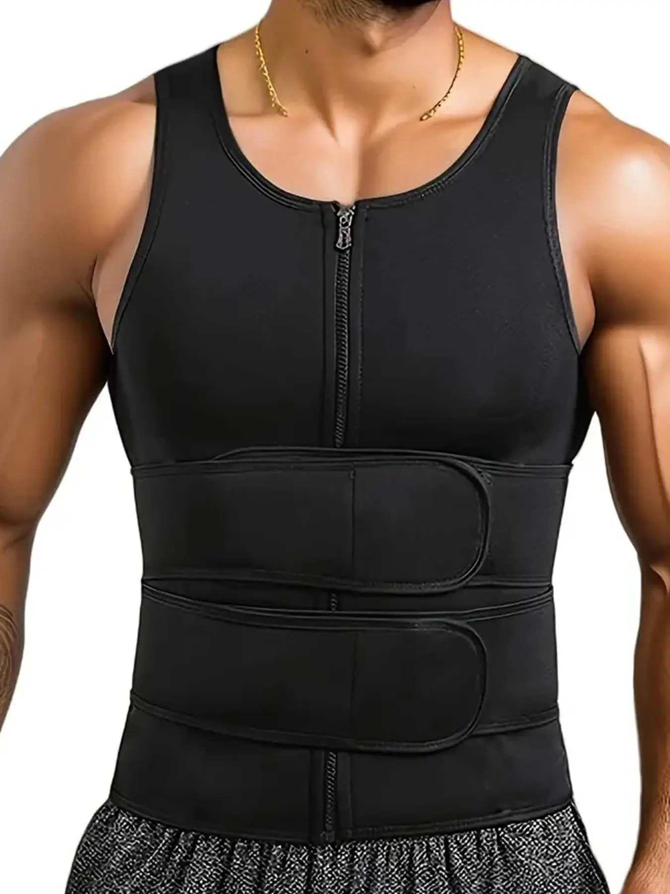 Men's Solid Zipper Double Belt Shapewear Tank Top, Compression Waist Shaper for Sports, Tummy Control Shaperwear for Men