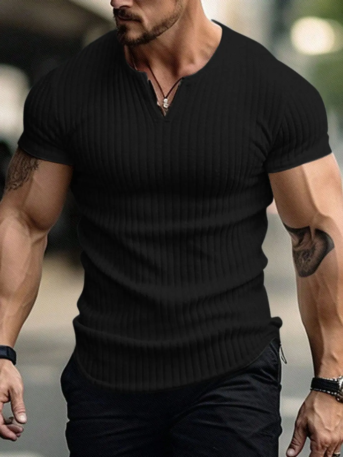 Men's casual ribbed Plain V-neck short-sleeved T-shirt - With a fitted design, soft and elastic ribbed fabric, and a classic V-neck. Perfect for gym workouts, daily casual wear, urban street style, and Streetwear. Clothes Menswear