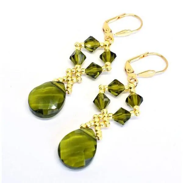 Chic Brico Genuine Austrian Crystal Teardrop Dangle Earrings - Olive Green