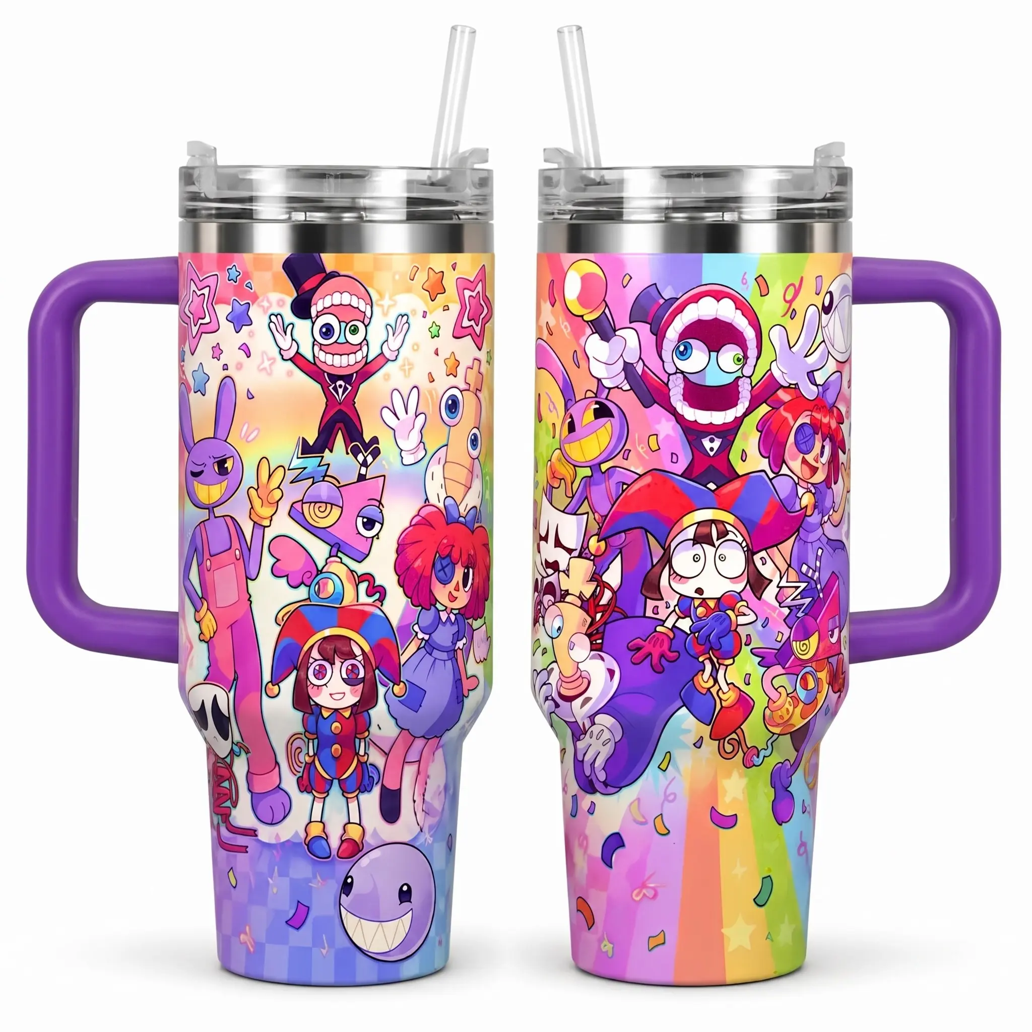Jax Amazing Digital Circus Tumbler 40/30/20oz, Purple Bunny Cartoon Travel Mug with Handle, Stainless Steel Insulated Cup, Gift for Fans