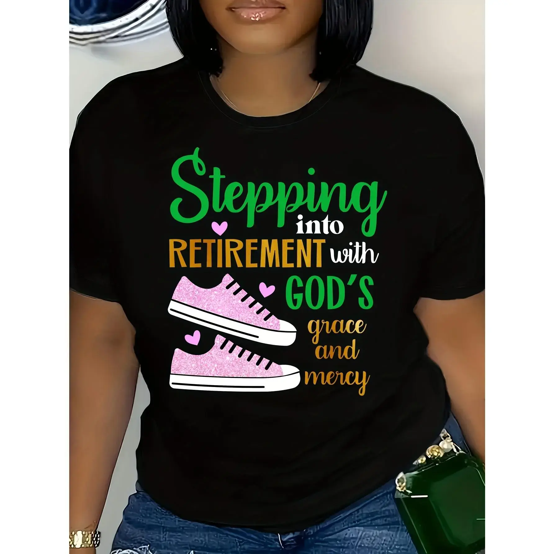 Women's Casual Graphic T-Shirt - Sneaker & Inspirational Letter Print with "Stepping into Retirement" Quote, Breathable Polyester Crew Neck Short Sleeve Top, Machine Washable Spring/Summer Tee, Leisure Style Shirt | Comfortable Fabric