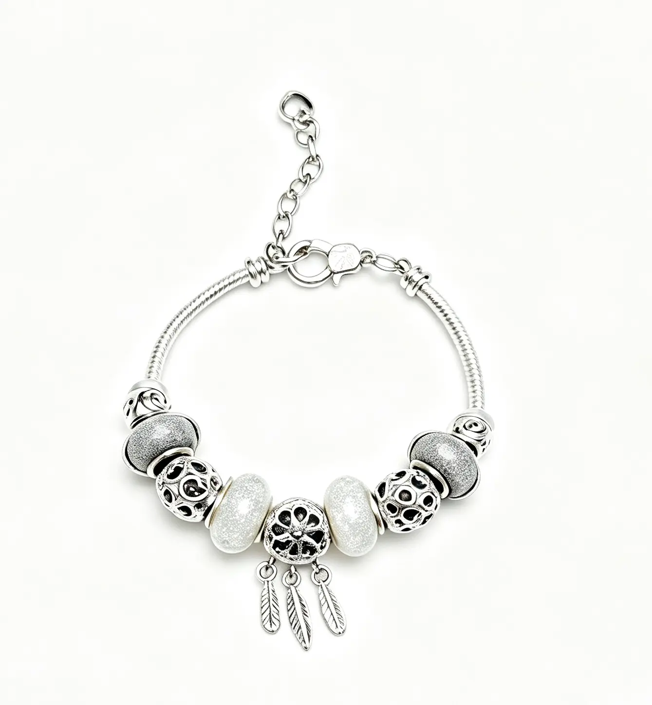 Silver Feather Charm Bracelet for Women, Boho Dreamcatcher Beaded Bracelet with White Murano Glass Beads, Vintage Adjustable Bangle Jewelry Gift for Wife Mom Daughter