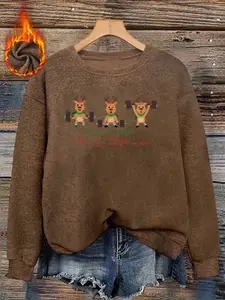 Women's Christmas Fitness Dumbbell Print Sweater, Long Sleeve Round Neck Pullover, Soft Elastic Fabric, Casual Fall & Winter Top