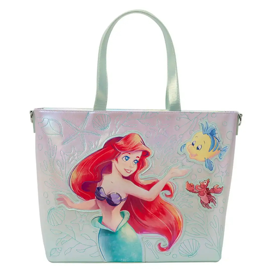 Loungefly Disney The Little Mermaid Ariel, Flounder, & Sebastian Tote Bag with Coin Bag, Iridescent, Tote Purse