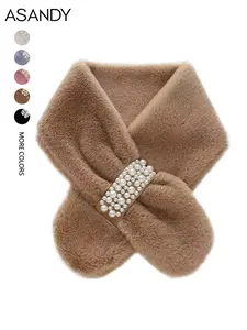 ASANDY Faux Fur Scarf for Women, Pearl Decorated Winter Warm Neck Wrap, Soft Fuzzy Neck Warmer Scarves with Multiple Colors for Cold Weather Outfits