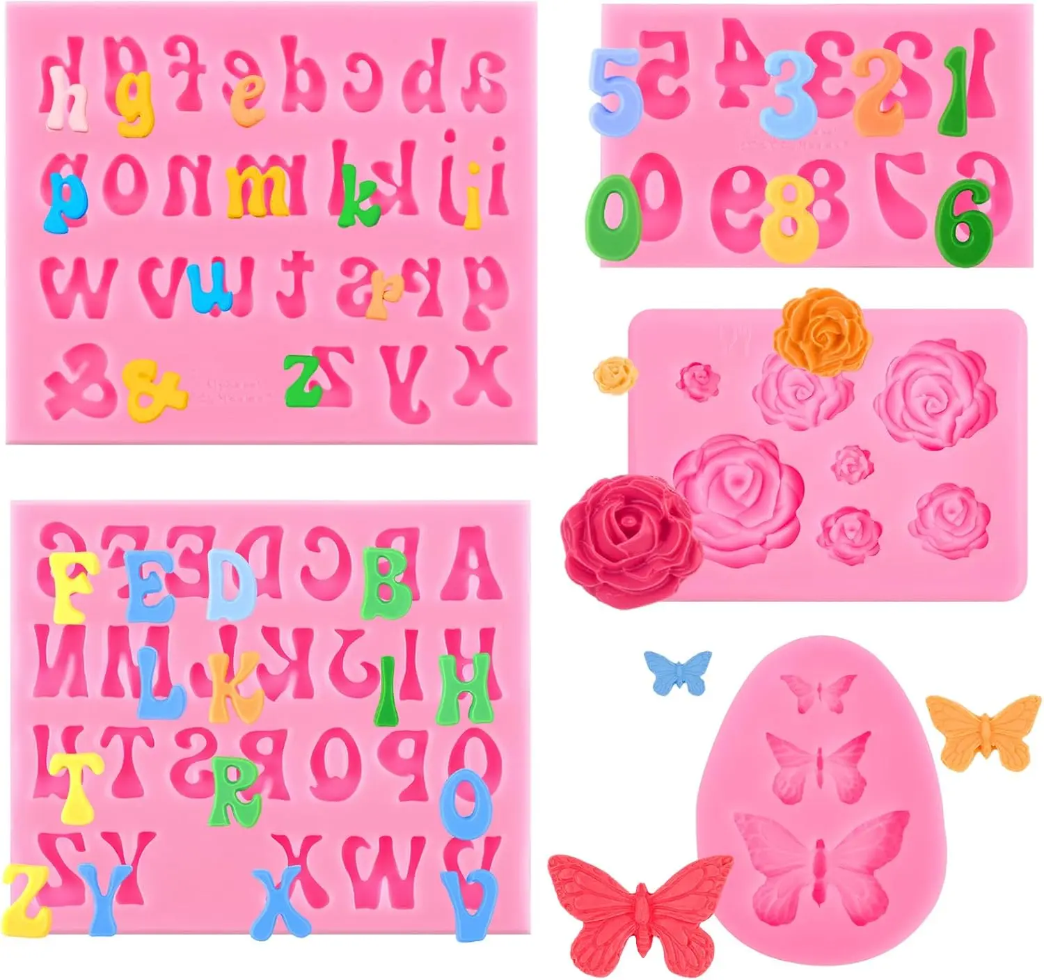 5Pcs Reusable Silicone Mold Set for Home Improvement - Non-Stick, Flexible, Not Easy to Deform, -40°F to 446°F, Cute Shapes (Letters, Flowers, Numbers, Rose, Butterfly), Easy to Release for Birthday Chocolate Cupcake Toppers, Cake Decoration